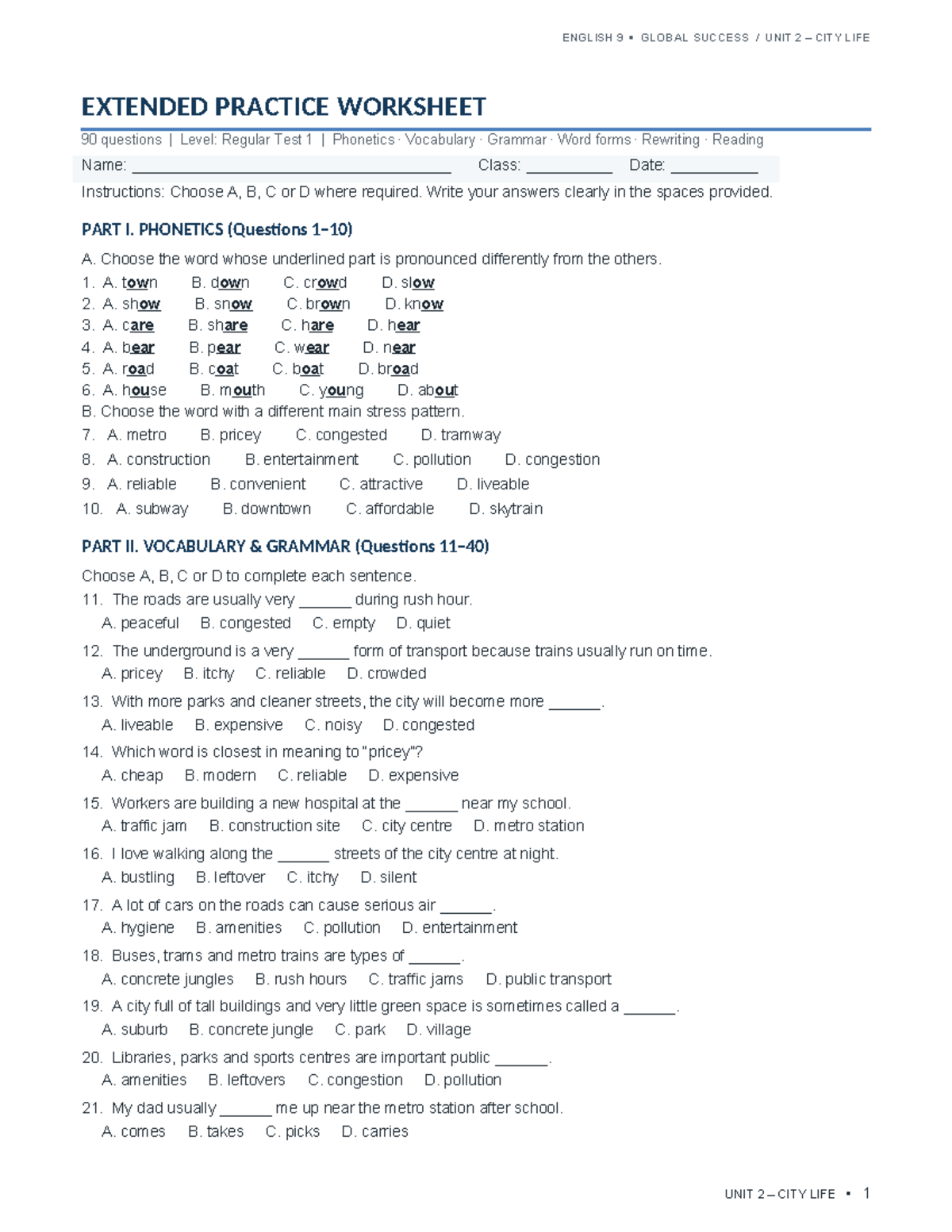 ENGLISH 9 GLOBAL SUCCESS UNIT 2 CITY LIFE 90 QUESTIONS WORKSHEET - Studocu