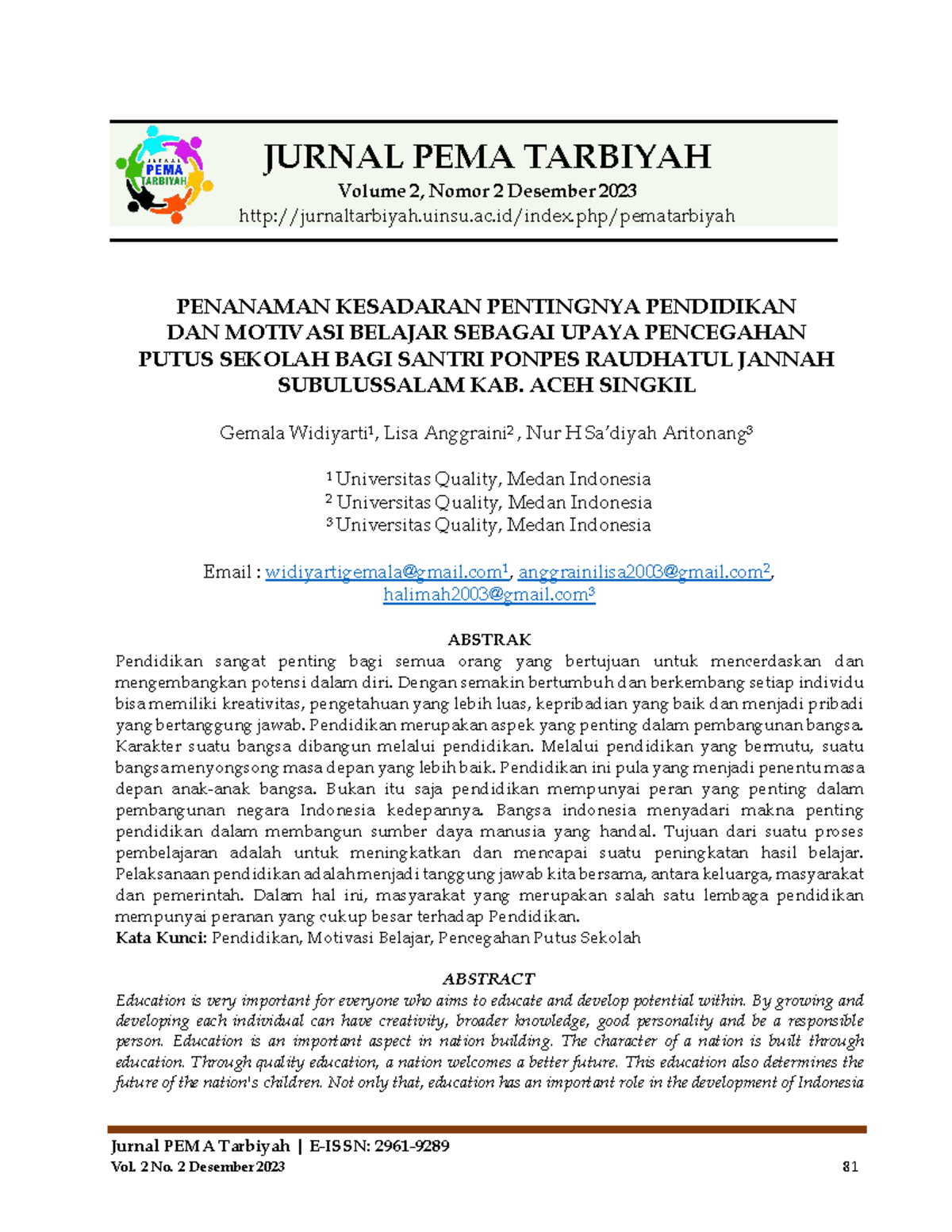 JURNAL PEMA TARBIYAH Vol. 2 No. 2 Desember 2023: Pendidikan dan ...