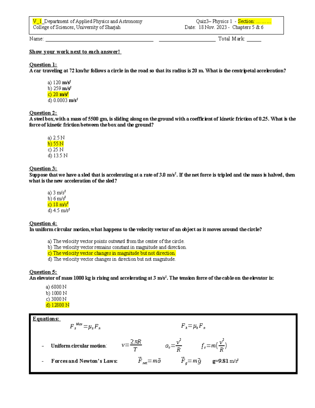 Quiz 3 - Physics 1 - Centripetal Acceleration & Friction - Studocu