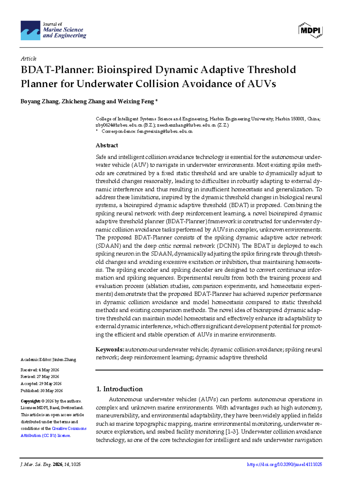 Bioinspired Dynamic Adaptive Threshold Planner for AUV Collision ...