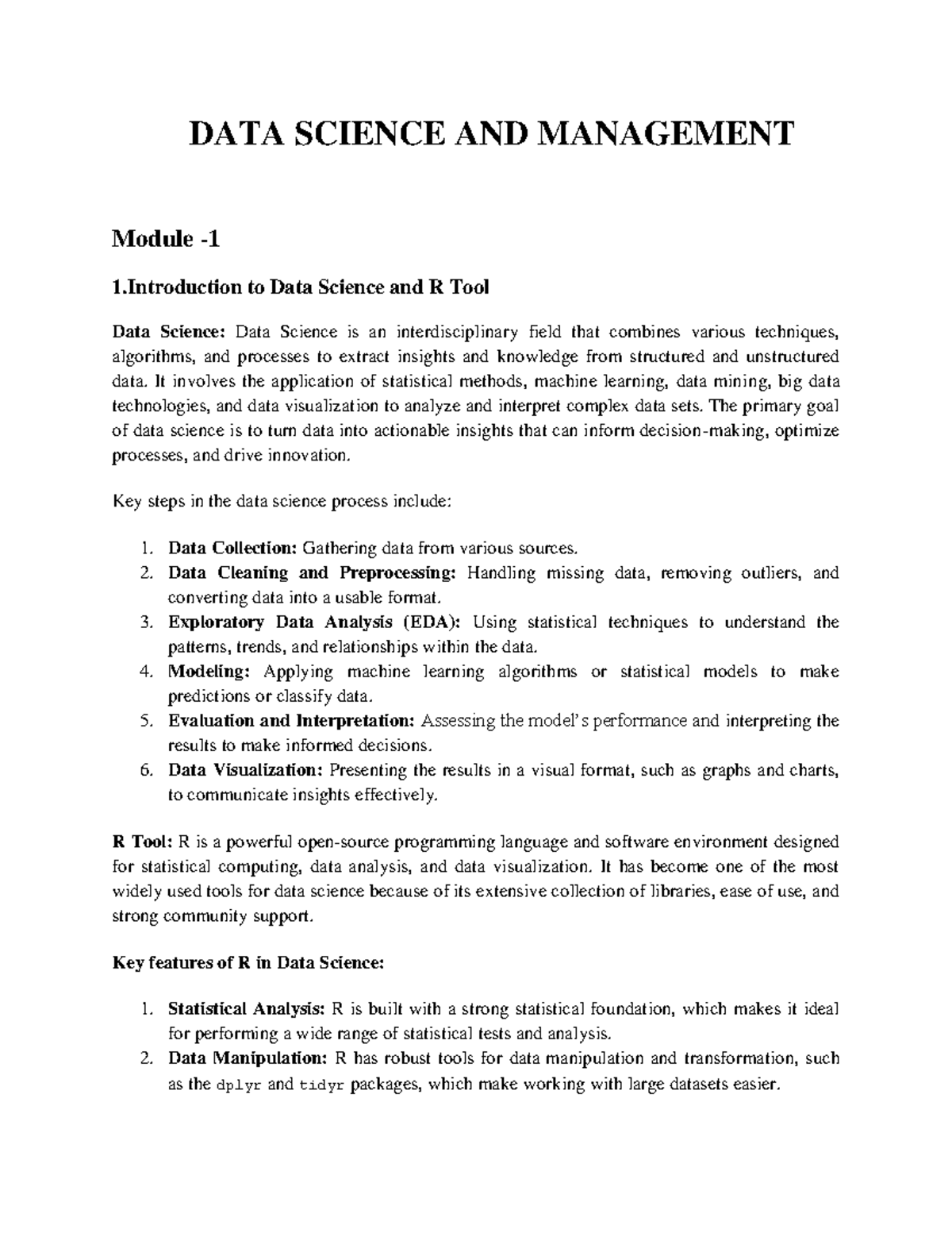Module 1: Introduction to Data Science and R Tool - Notes - Studocu