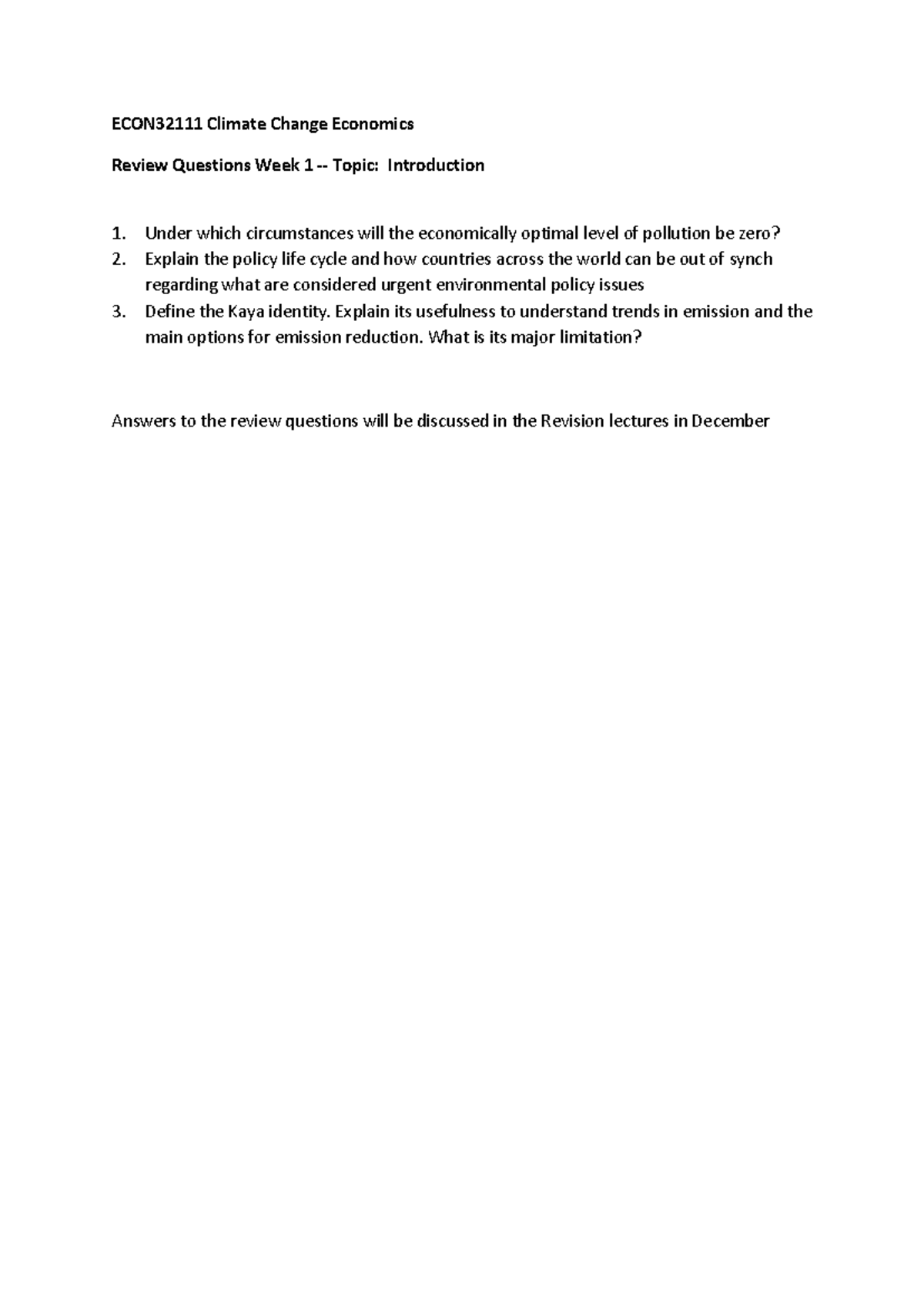 ECON32111 Review Questions Week 1 - ECON32111 Climate Change Economics ...