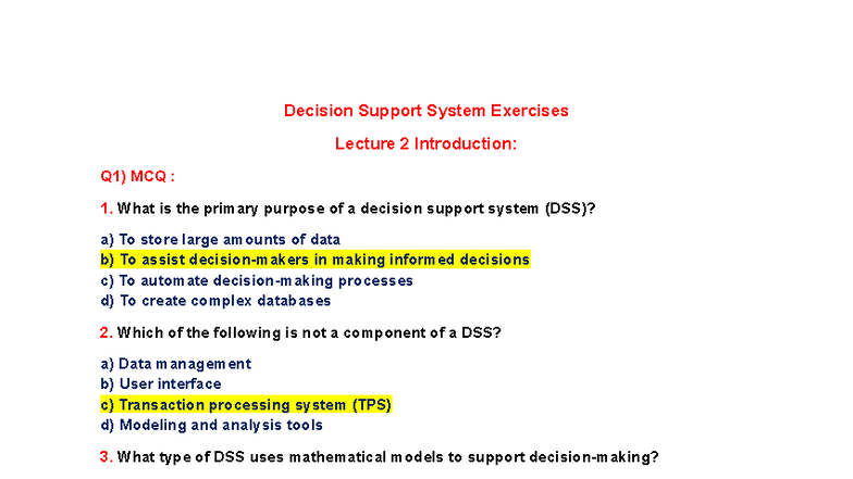 Decision Support System Exercises Lecture 2 & 5 Overview - Studocu