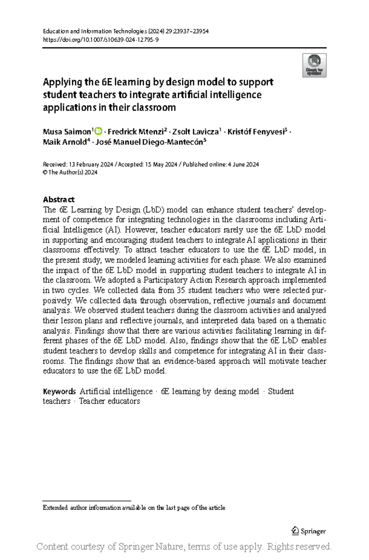 6E LbD Model for Integrating AI in Teacher Education (2024) - Studocu