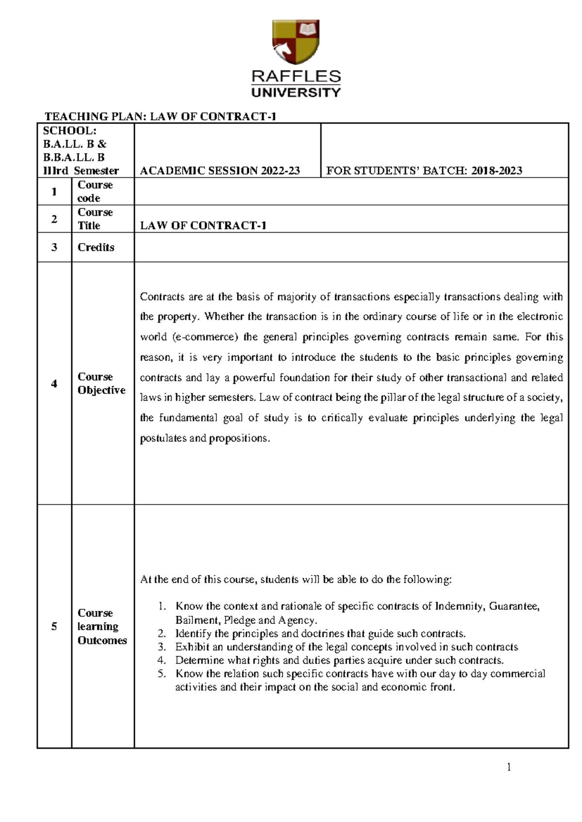 Teaching Plan: Law of Contract - B.A.LL.B & B.B.A.LL.B Semester - Studocu