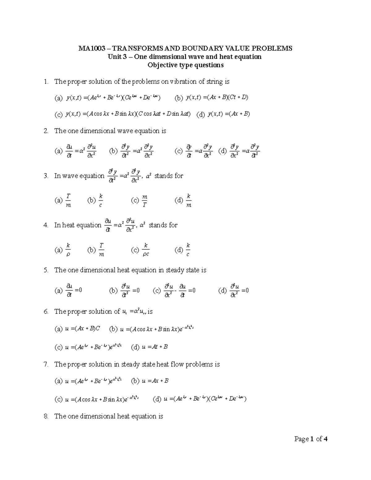 MA1003 – Unit 3: One Dimensional Wave & Heat Equations Quiz - Studocu