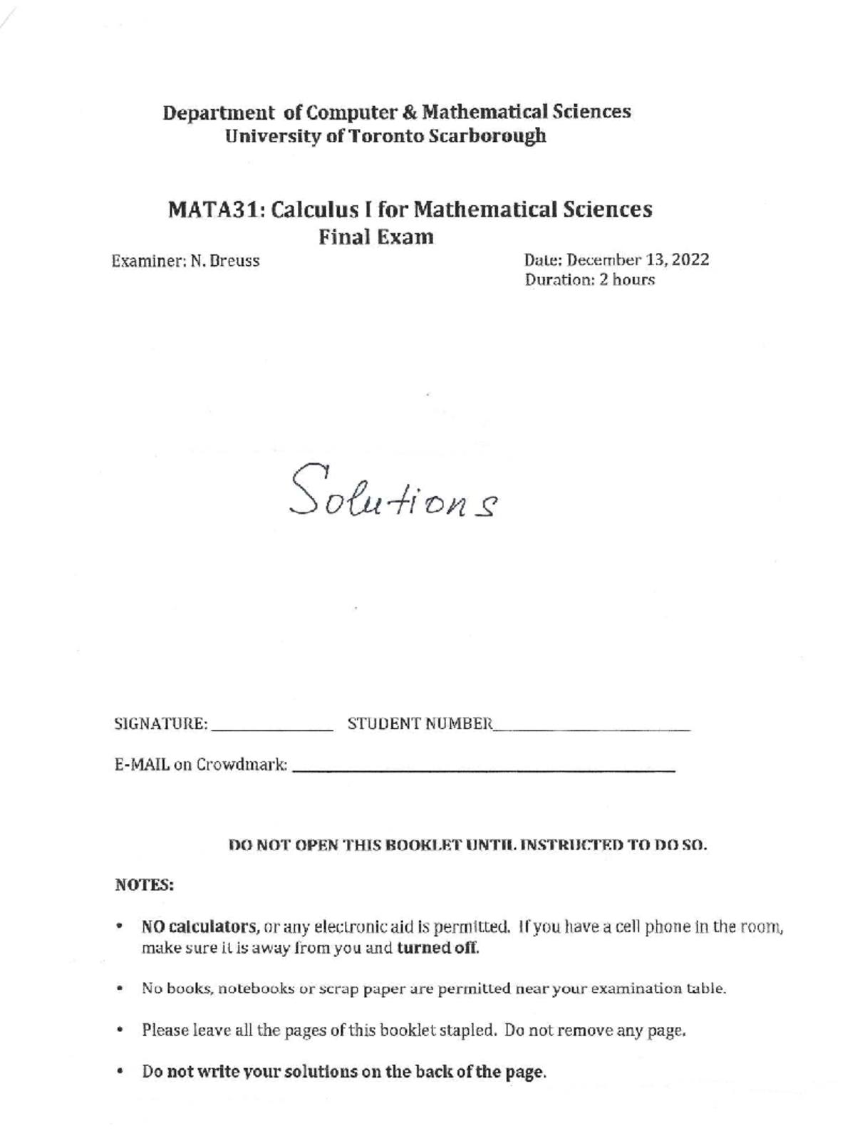 MATA31: Calculus I Final Exam Solutions - December 2022 - Studocu