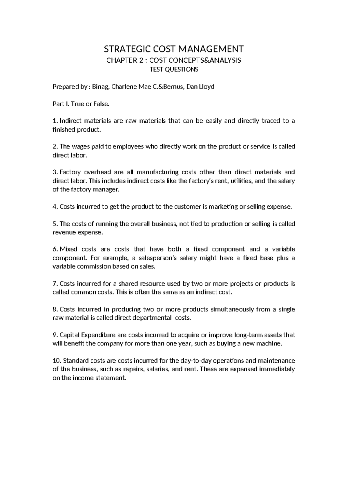STRATEGIC COST MANAGEMENT (STRM 101) CHAPTER 2 TEST QUESTIONS - Studocu