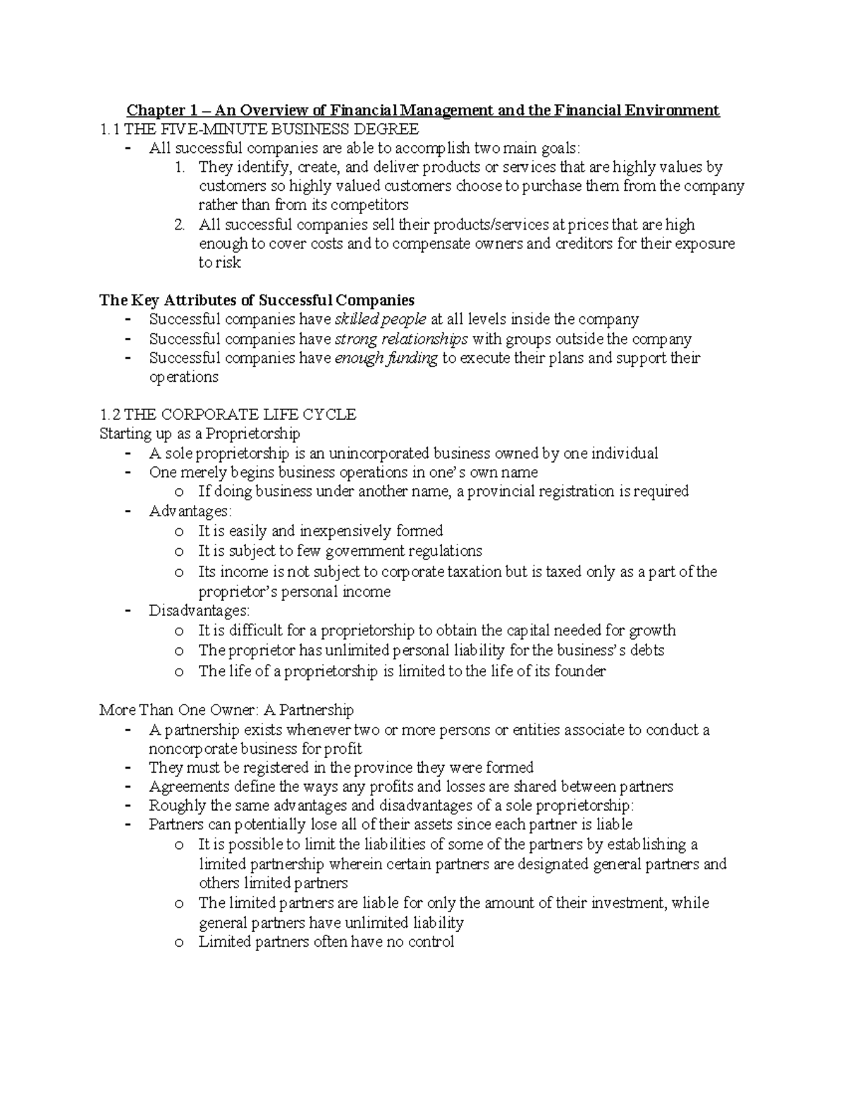 Chapter 1 notes - Chapter 1 – An Overview of Financial Management and ...