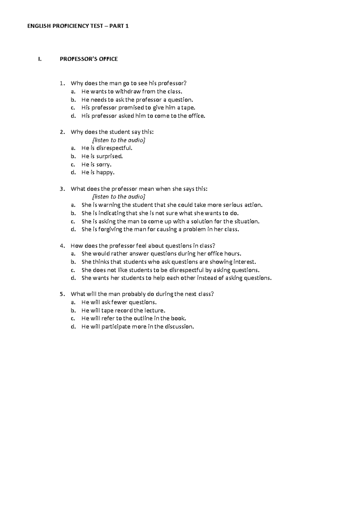 Practice Test One: Key Concepts in Office Hours & Classroom Discussions ...
