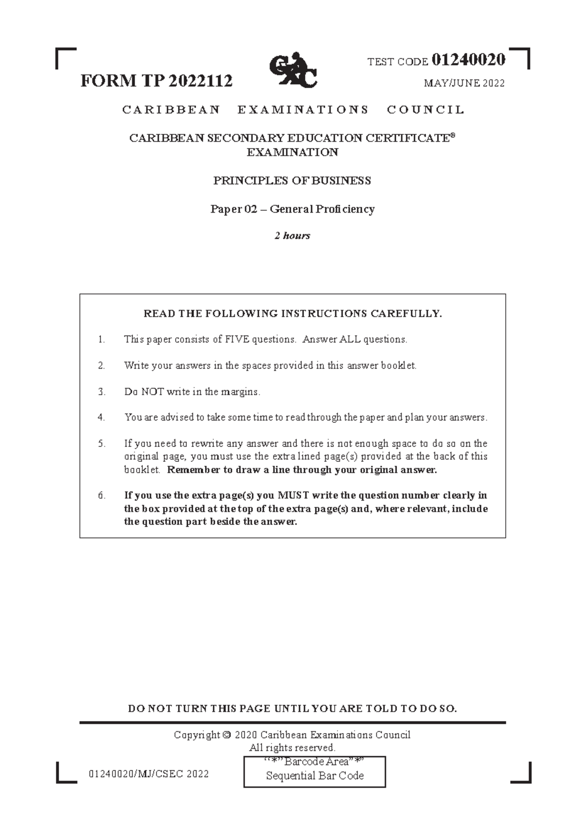 CSEC Principles of Business Paper 02 May/June 2022 Exam Questions - Document Preview