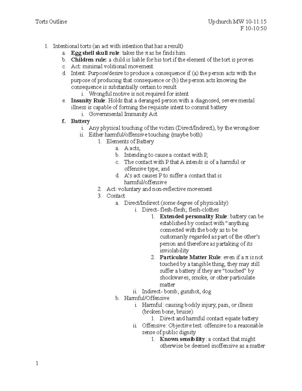 Final Exam Torts II Outline: Key Concepts and Legal Principles - Studocu