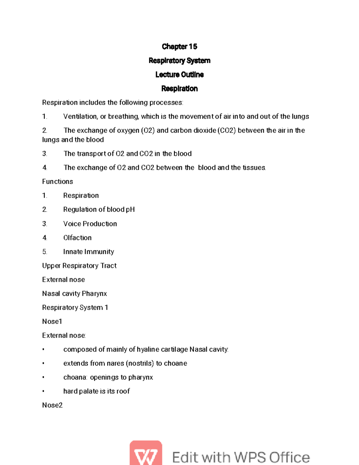 Chapter 15: Respiratory System Lecture Outline and Key Concepts - Studocu