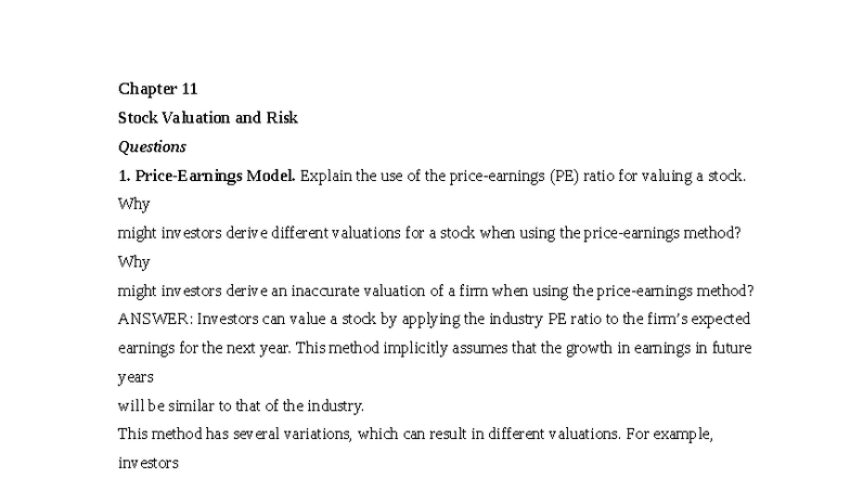 Chapter 11: Stock Valuation & Risk Analysis (FIN 301) - Studocu