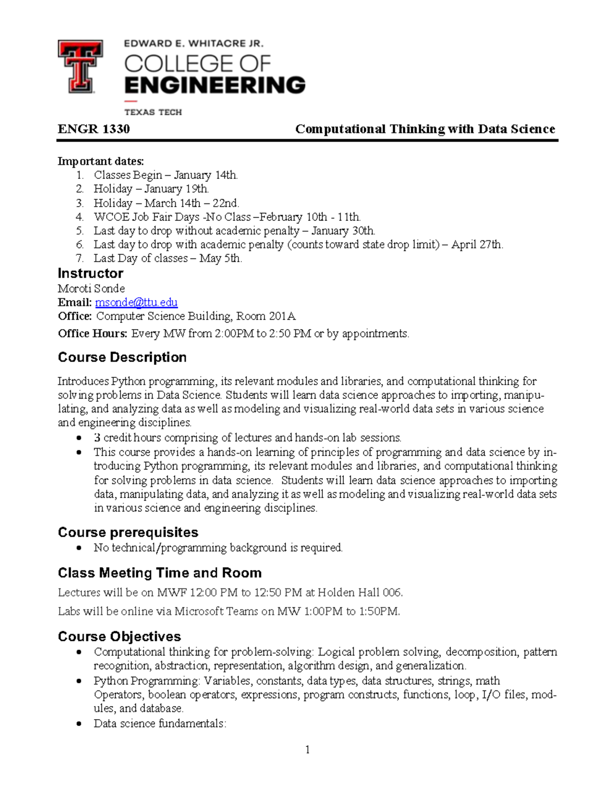 ENGR 1330 Syllabus: Key Dates and Course Overview for Data Science ...