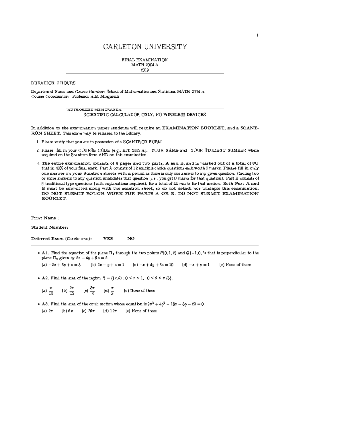 Final Exam MATH 2004 A 2019 - Carleton University - Studocu