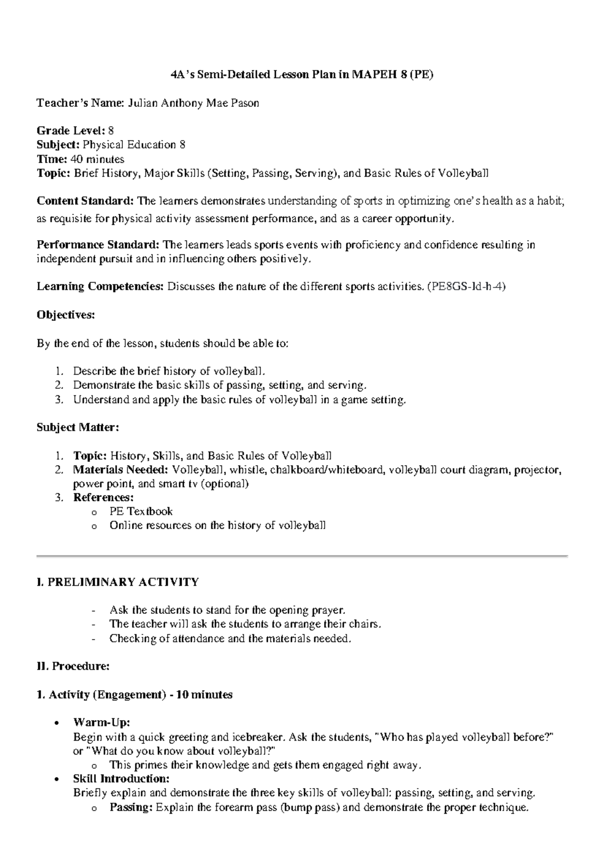 Lesson Plan for MAPEH 8 (PE): Volleyball History, Skills & Rules - Studocu