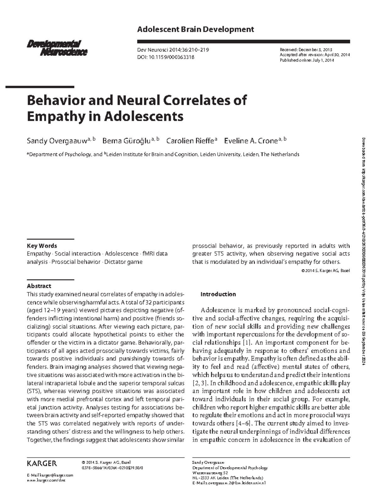 Behavioral and Neural Correlates of Empathy in Adolescents - Dev ...