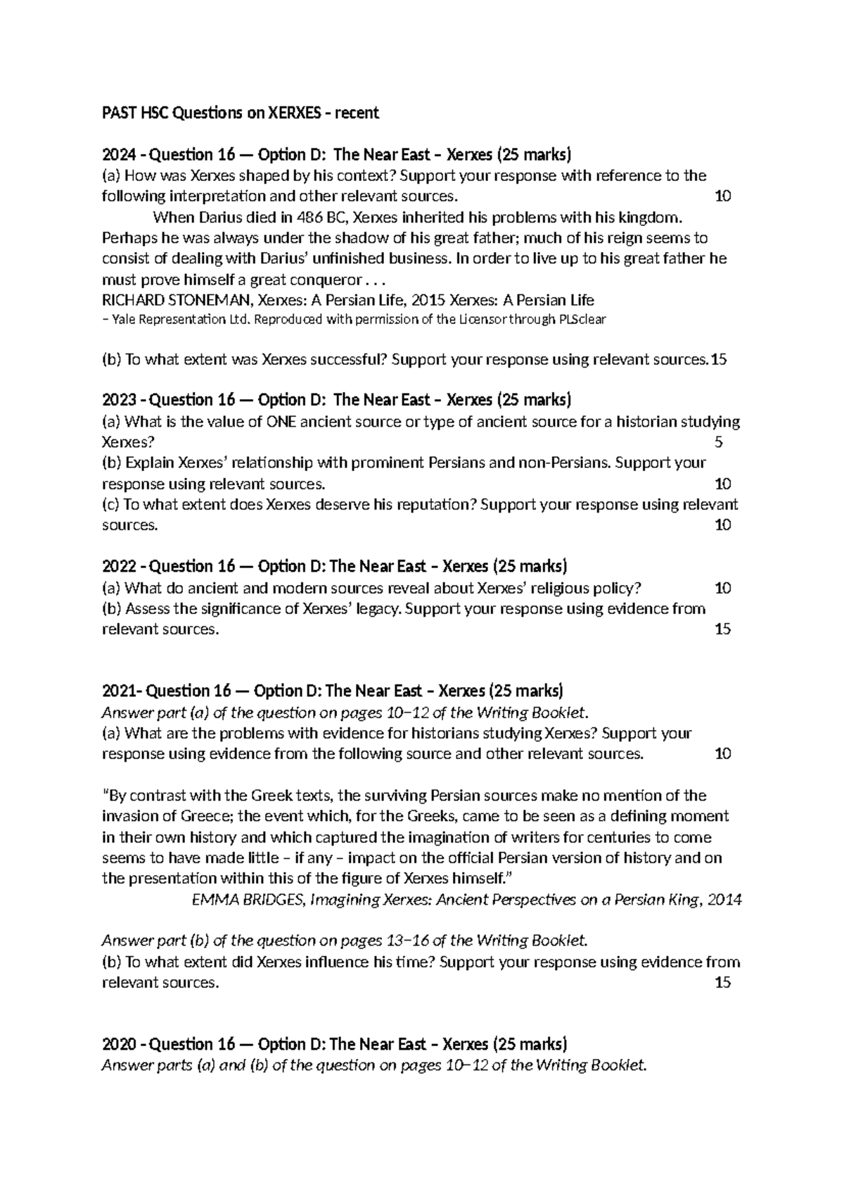 Xerxes: Past HSC Questions (2019-2024) on The Near East (25 Marks ...