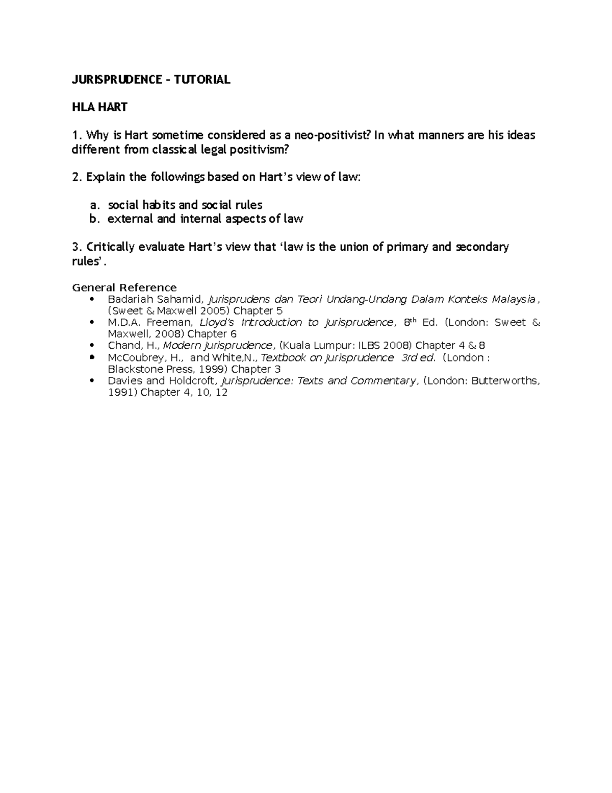 Tuorial - Legal Positivism - HLA HART - JURISPRUDENCE – TUTORIAL HLA ...