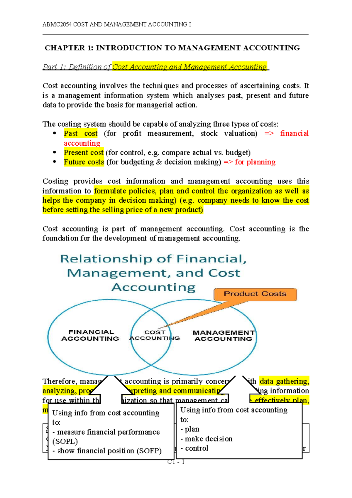ABMC2054 COST AND MANAGEMENT ACCOUNTING I CHAPTER 1: INTRODUCTION TO ...