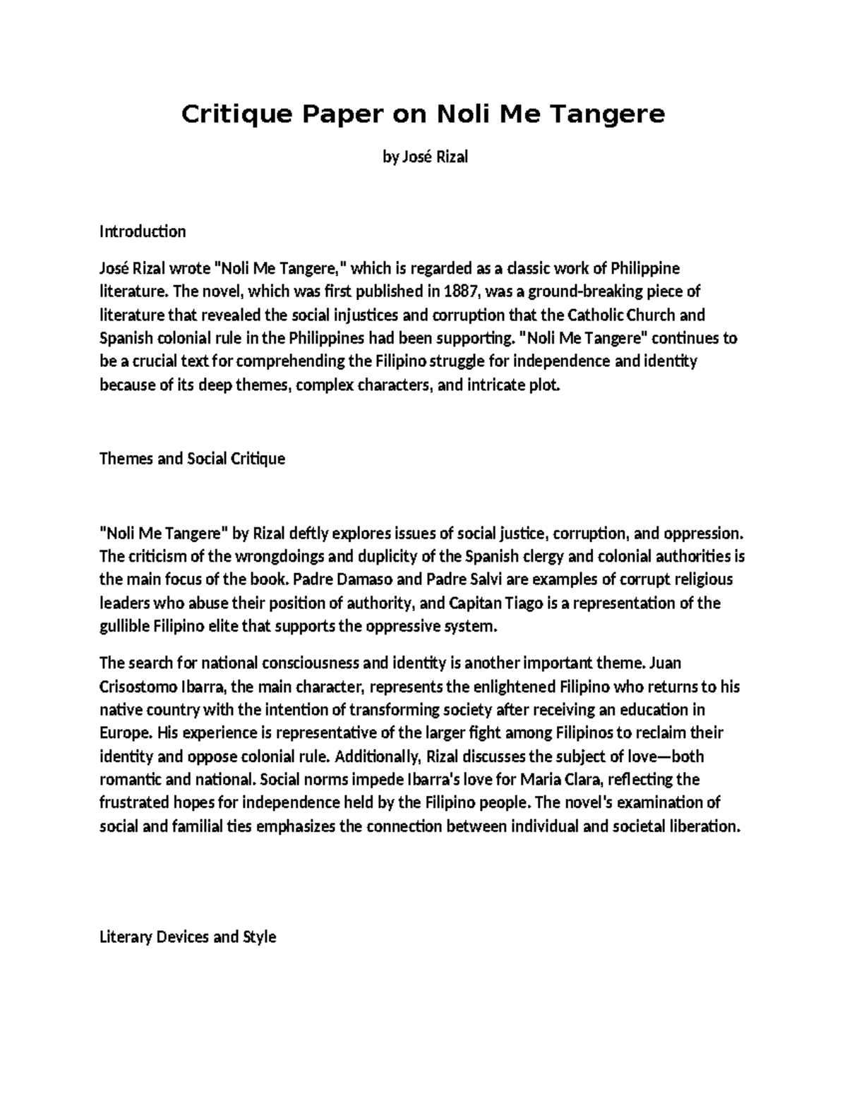 CRITICAL PAPER ON NOLI ME TANGERE - LIT 101 - Studocu