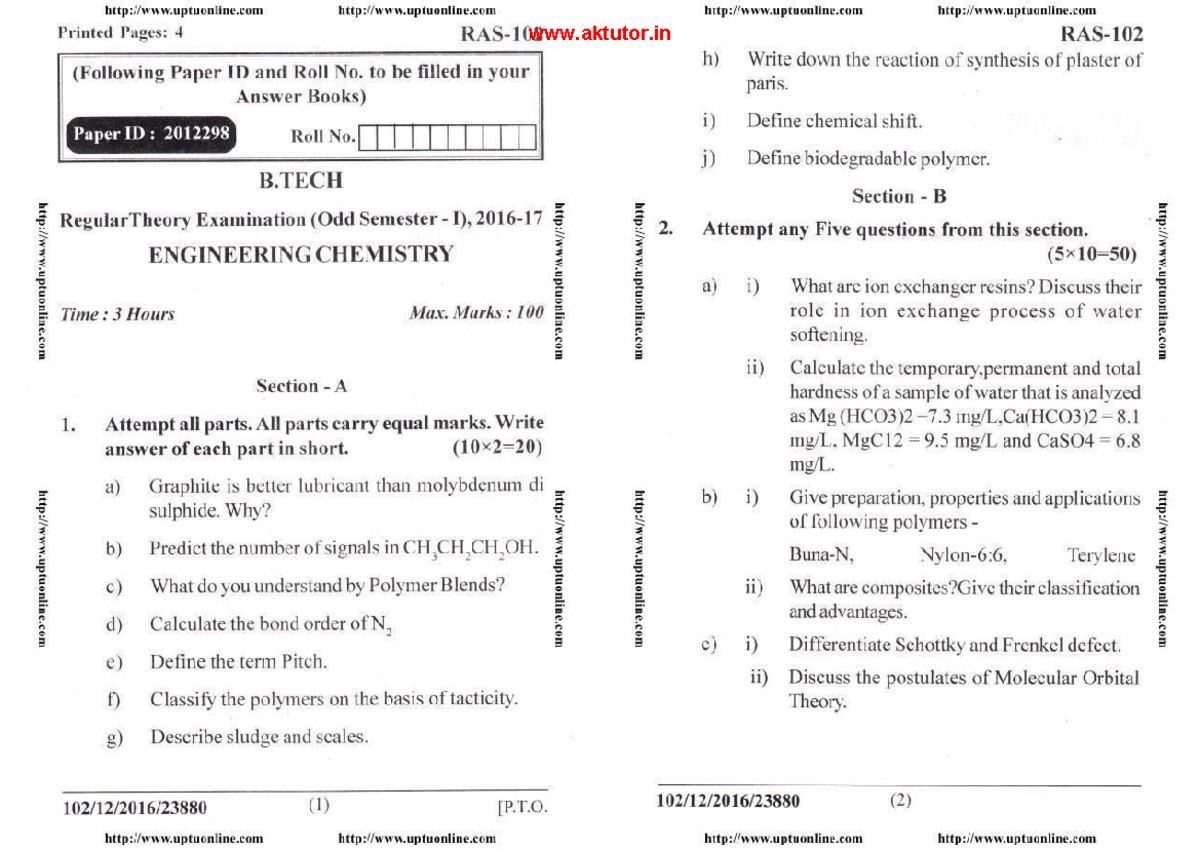 Engineering Chemistry Btech 1st Sem KAS102T Exam Questions 2021 - Studocu