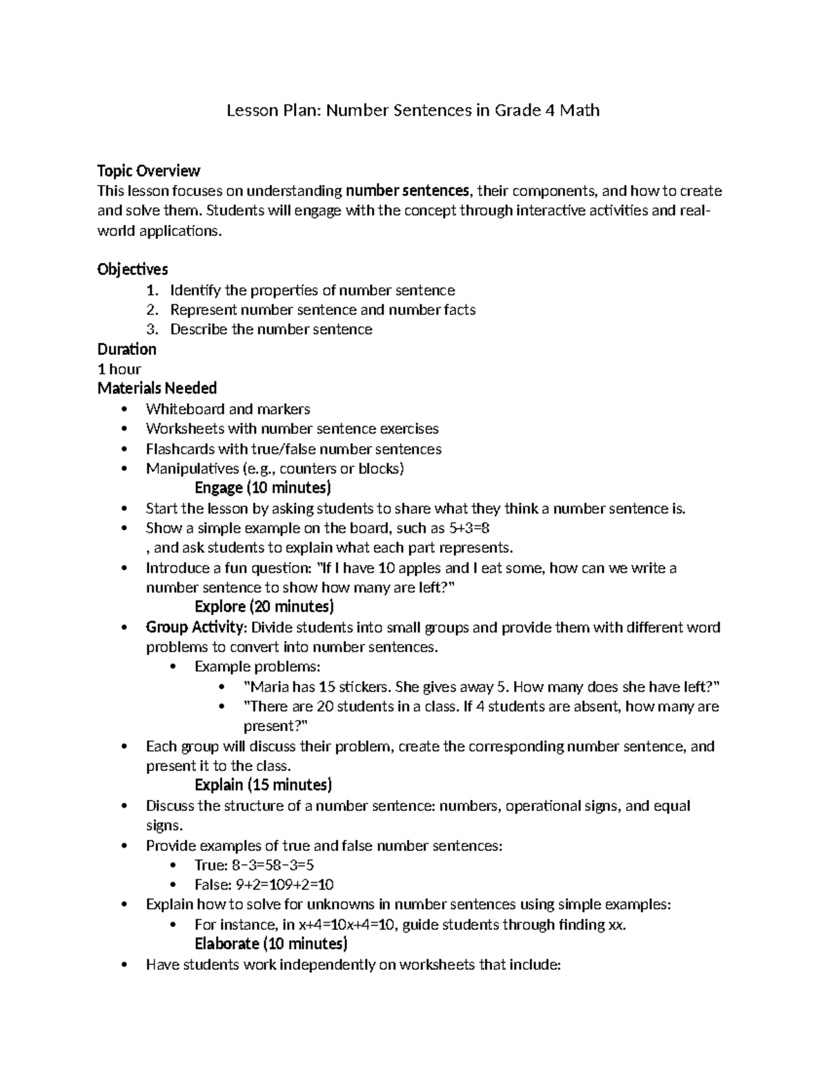 SEMI Detailed Lesson PLAN: Number Sentences for Grade 4 Math - Studocu