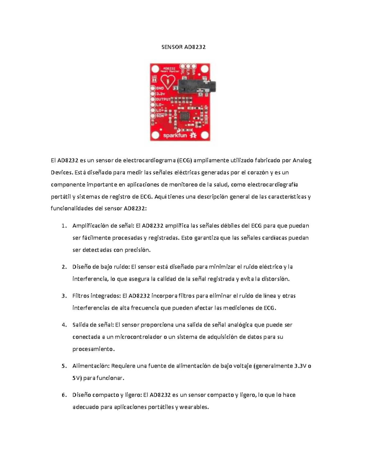 Datasheet del Sensor AD8232 - Análisis y Aplicaciones ECG - Studocu