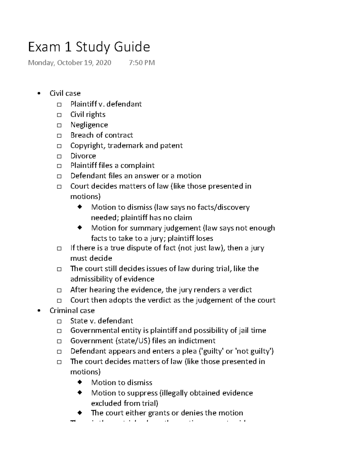 LAW 101 Exam 1 Study Guide: Key Concepts and Case Analysis - Studocu
