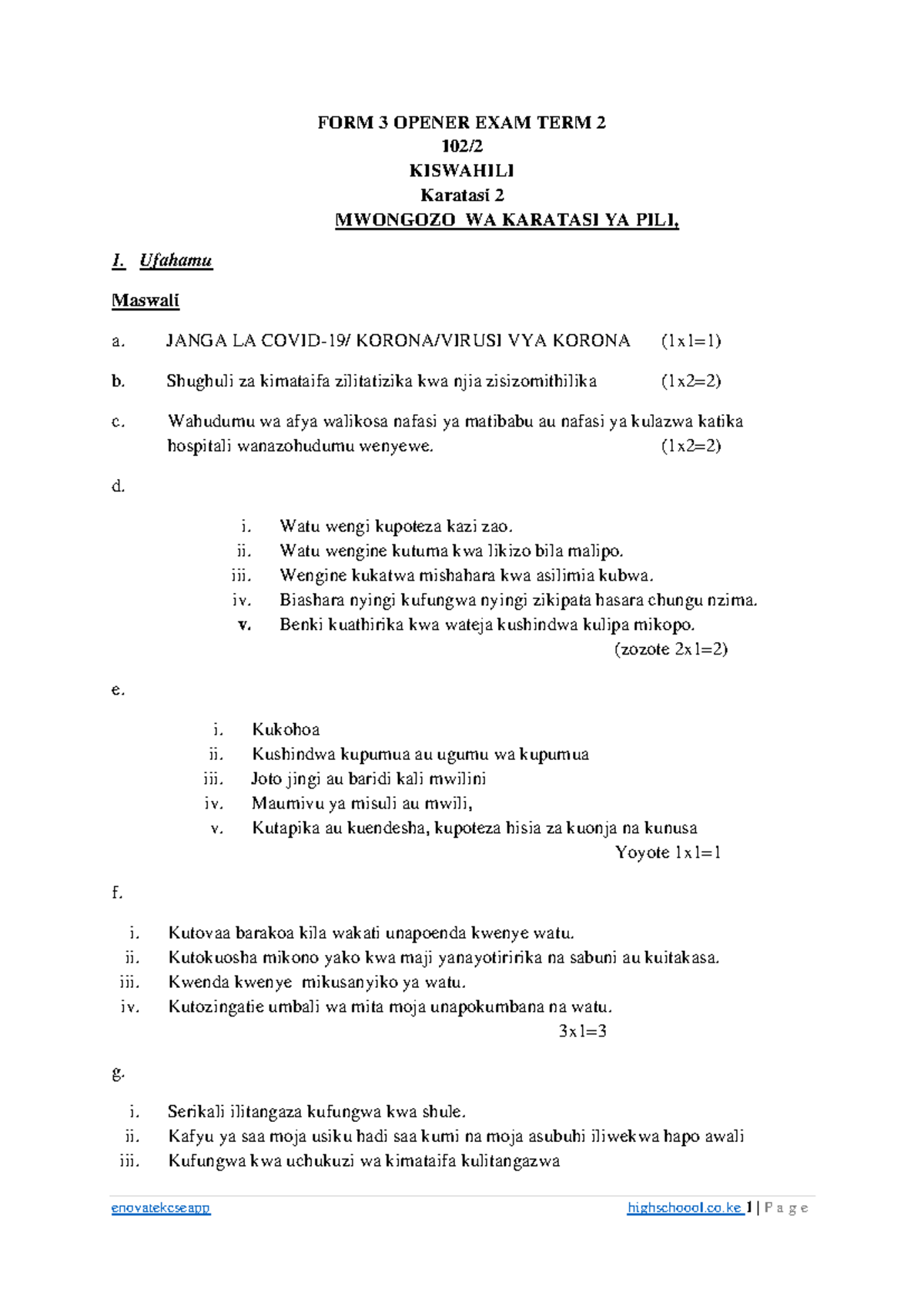 Form 3 - Kiswahili - Marking Scheme-Opener Term 2 - FORM 3 OPENER EXAM ...