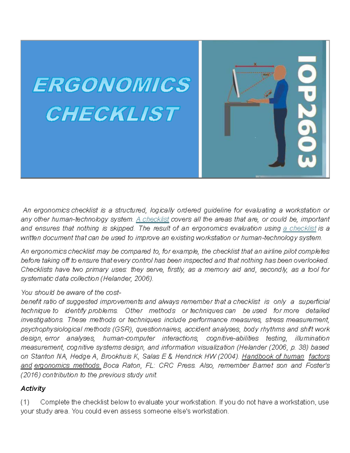 Ass1 IOP2603: Ergonomics Workstation Assessment Checklist - Studocu
