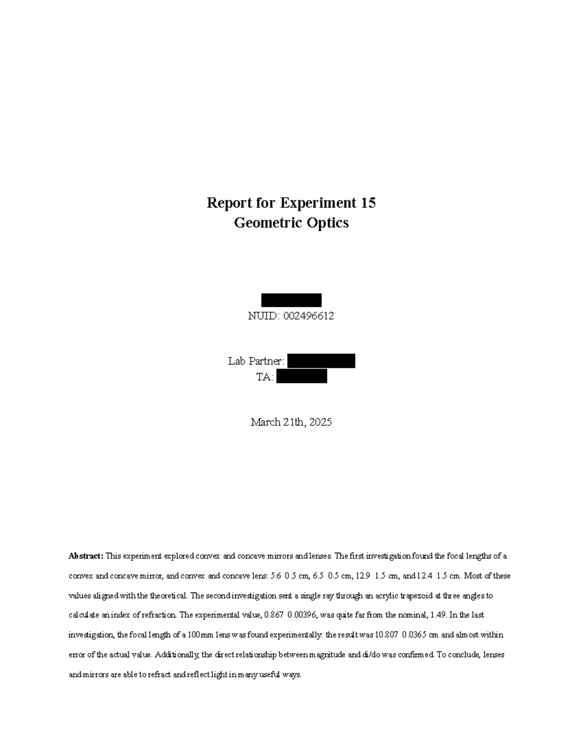 Exp 15: Lab Report on Geometric Optics Investigations - Studocu