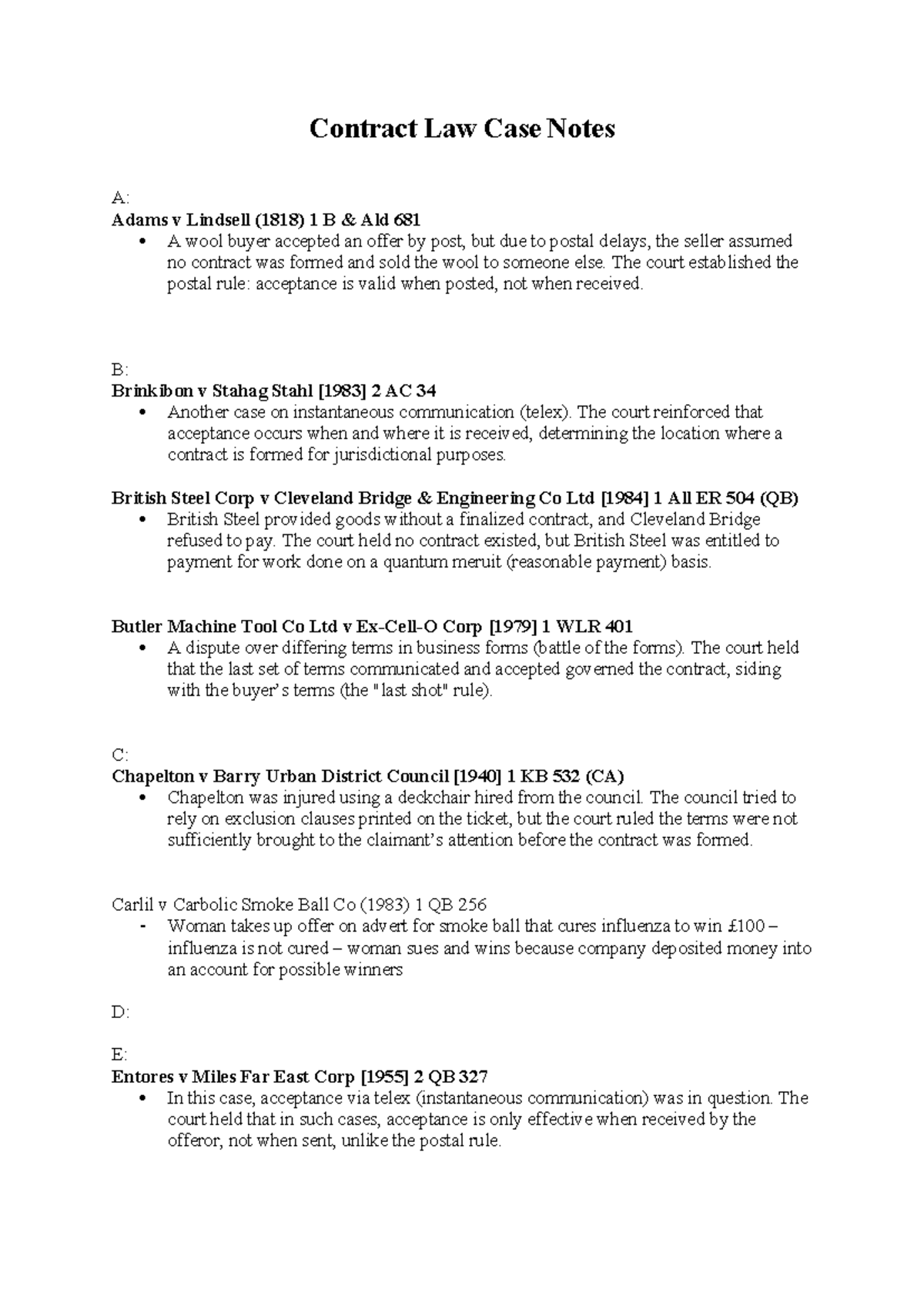 Contract Law Case Notes: Key Cases and Principles (A-Z) - Studocu