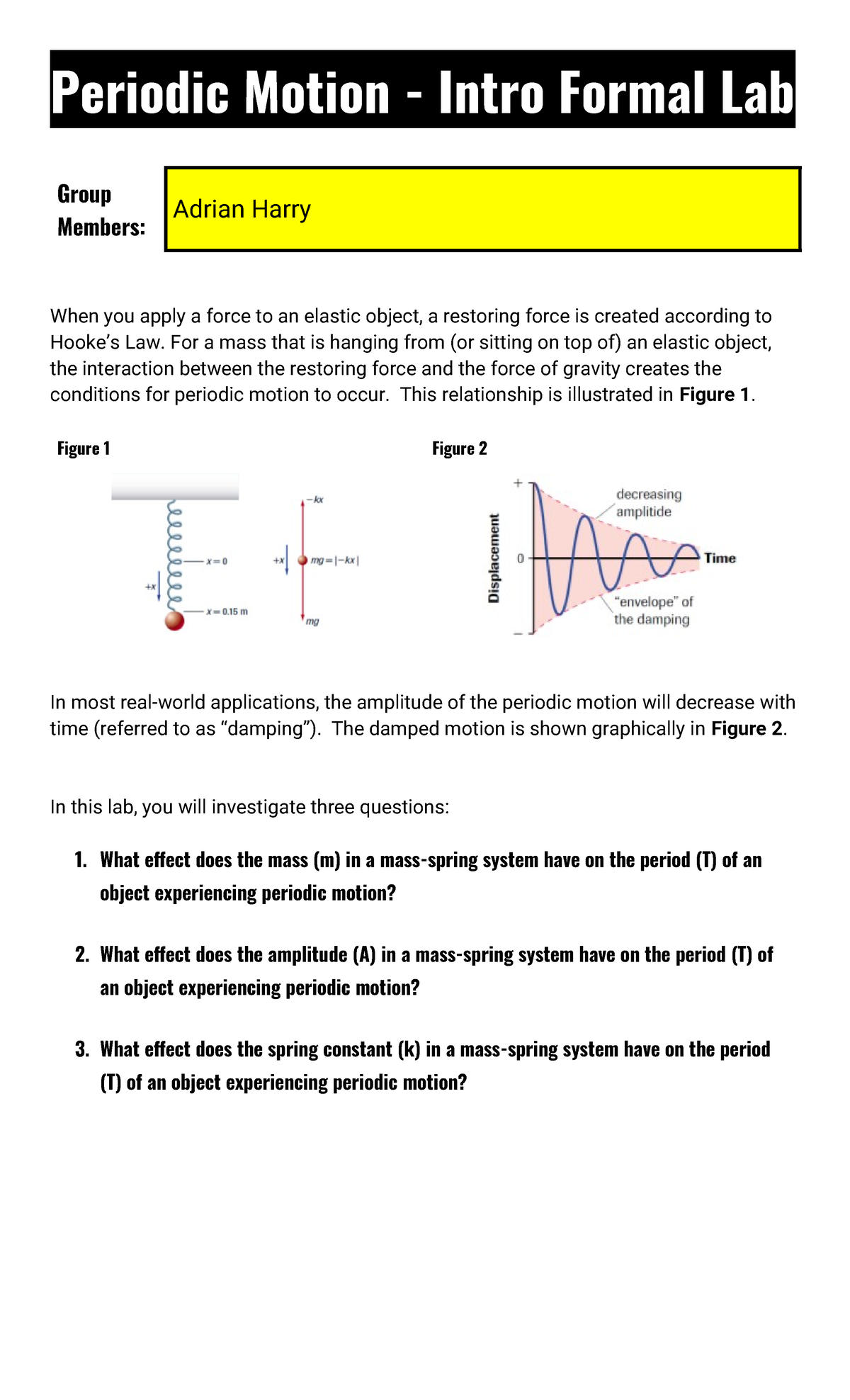 Copy of Periodic Motion Intro Formal Lab - Periodic Motion - Intro ...