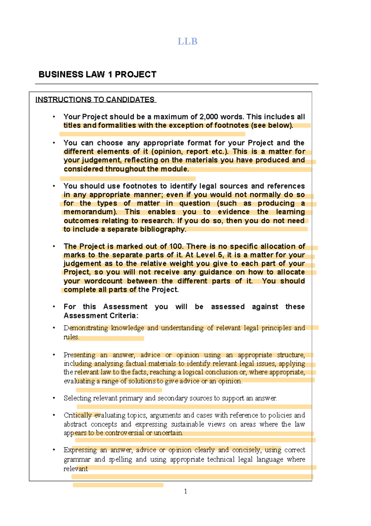 LLB Business Law 1 Project: Important Assessment Guidelines and ...
