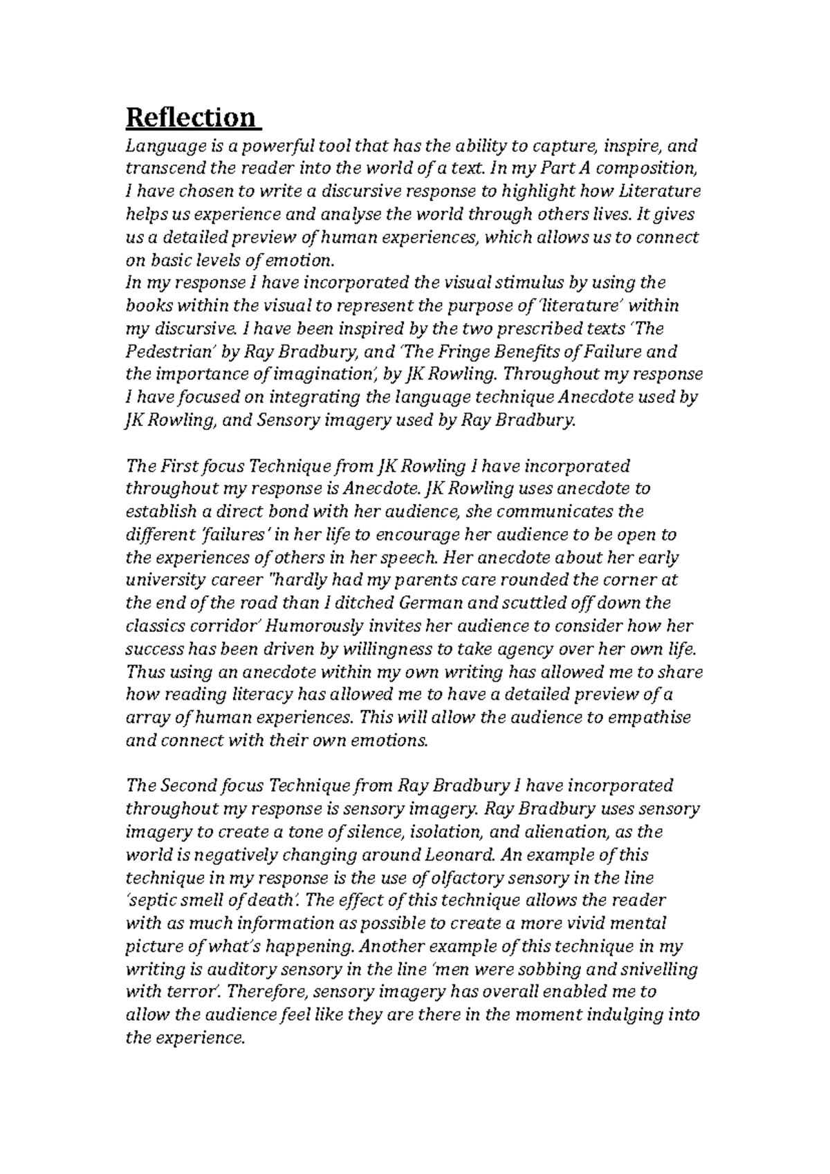 Reflection on Literature Techniques: Discursive Response Summary - Studocu
