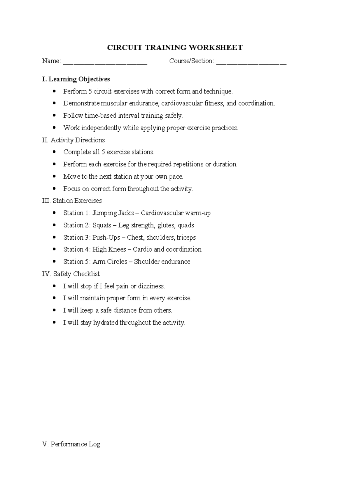 CIRCUIT TRAINING WORKSHEET: Exercise Stations & Safety Tips - Studocu