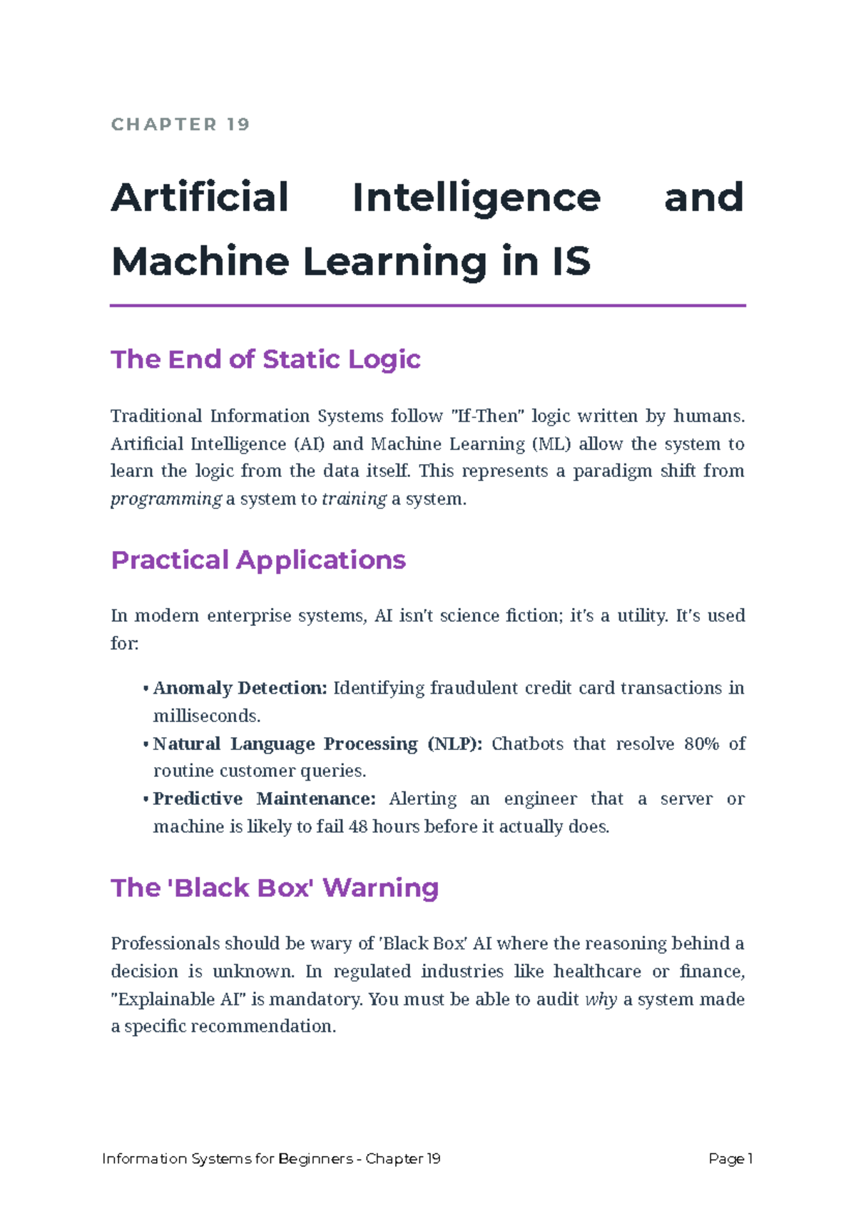 CHAPTER 19: AI & ML in IS - Shifting from Static Logic - Studocu