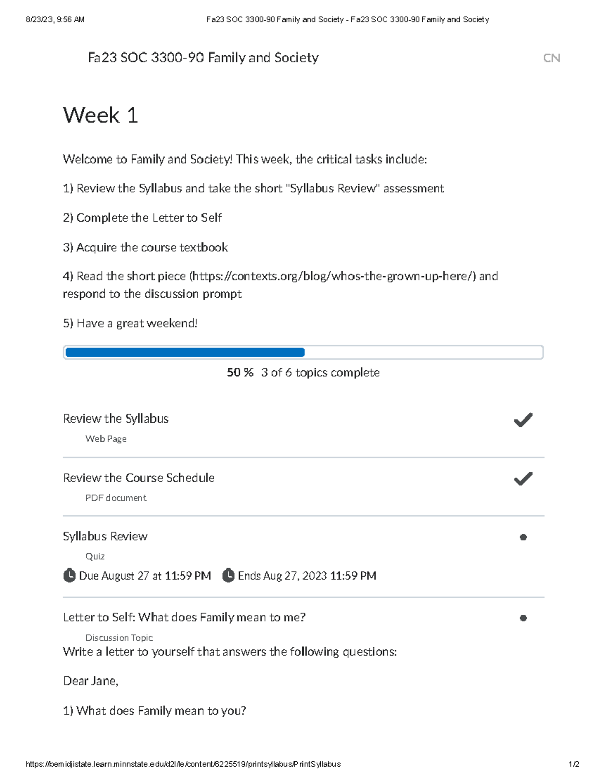 Fa23 SOC 3300-90 Week 1: Intro to Family and Society Tasks - Studocu