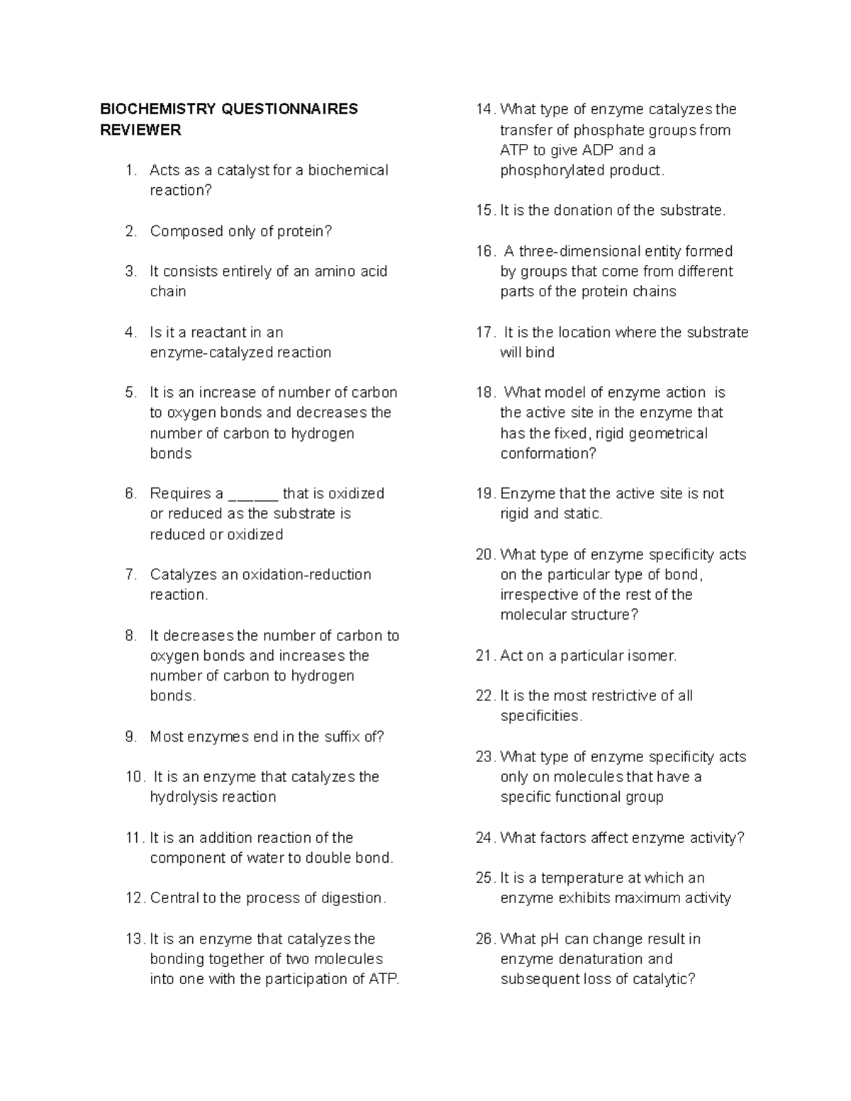 Biochemistry 101: Questionnaires Reviewer for Exam Preparation - Studocu