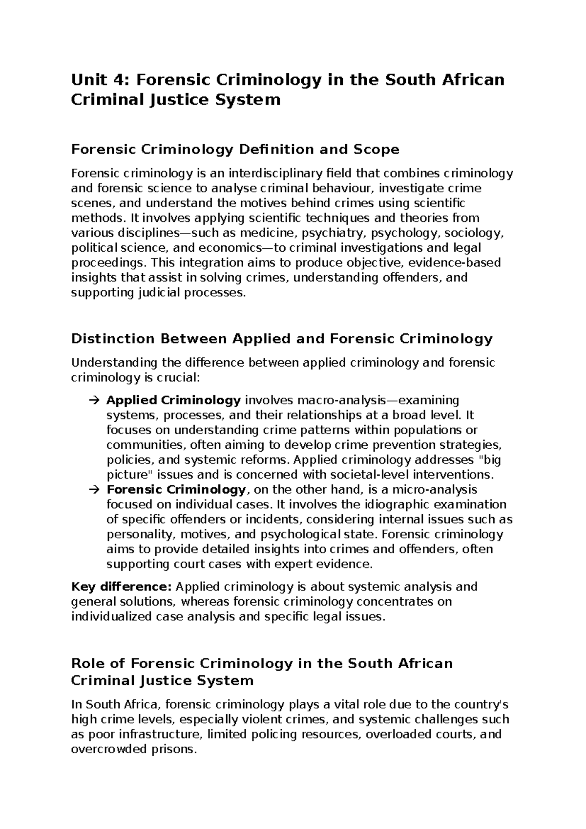 Unit 4: Forensic Criminology in South Africa's Criminal Justice System ...