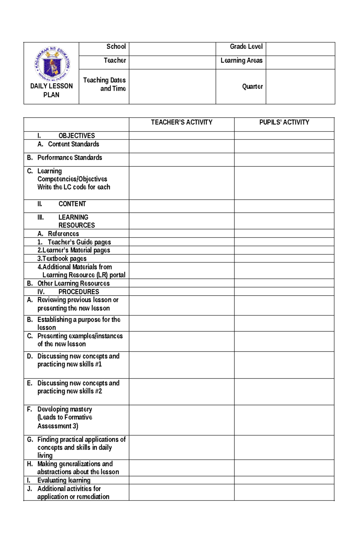Daily Lesson Plan Template for Effective Teaching Strategies - Studocu