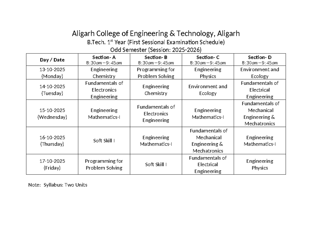 B.Tech. 1st Year (Odd Sem) Sessional Exam Schedule - Studocu