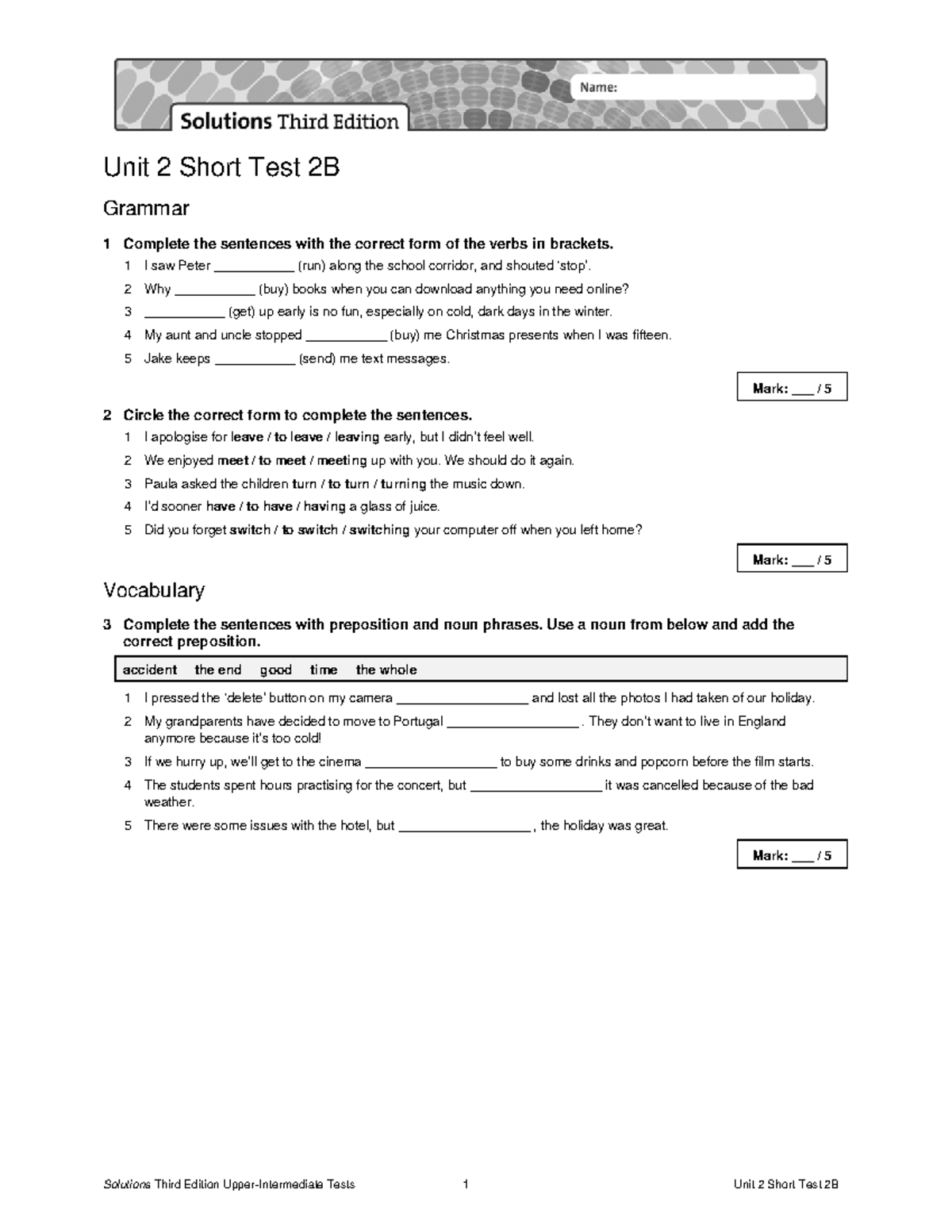 Unit 2 Short Test 2B - Solutions Third Edition Study Guide - Studocu