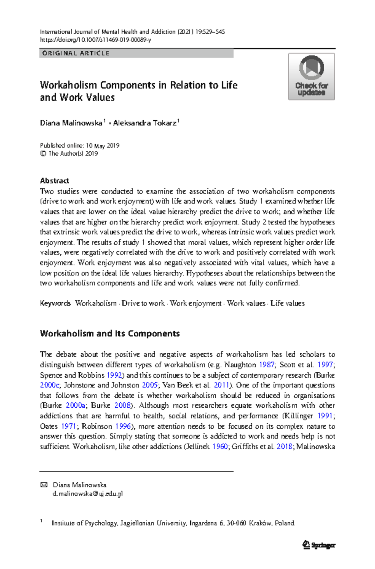 Workaholism Components and Their Relation to Life and Work Values: A ...