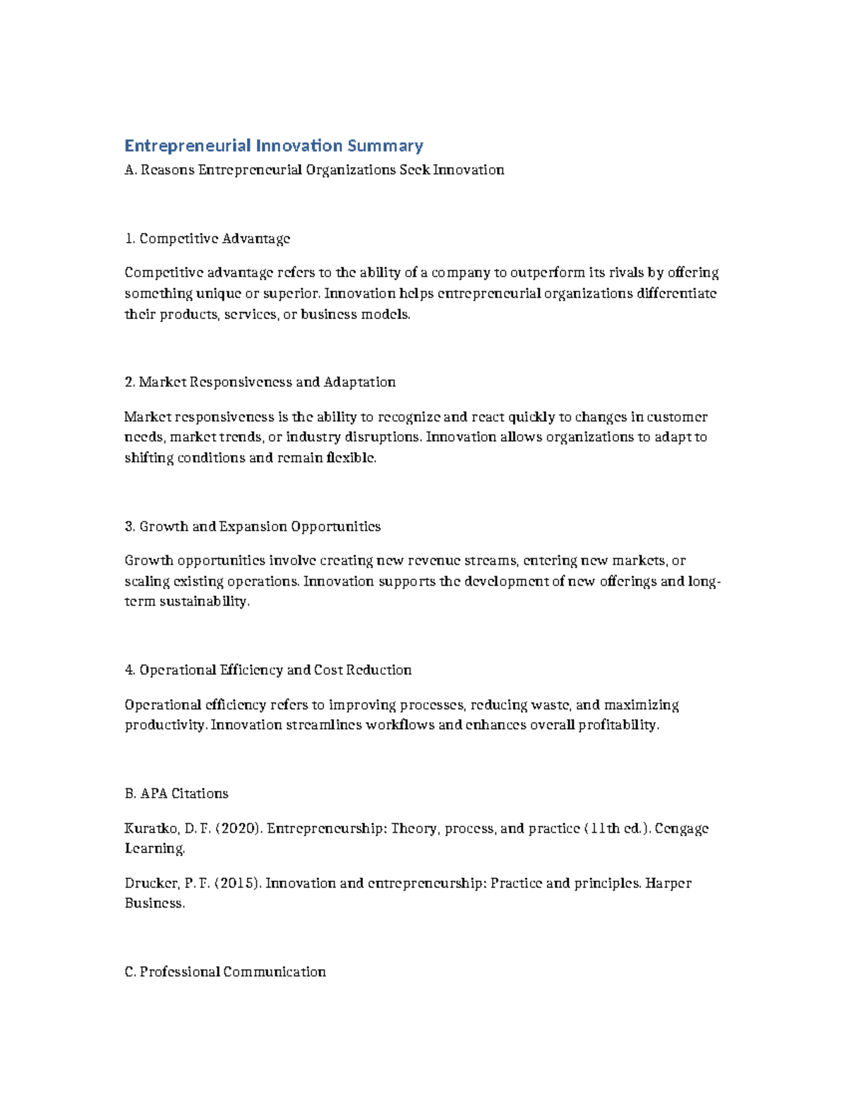 Entrepreneurial Innovation Summary: Key Drivers and Insights - Studocu