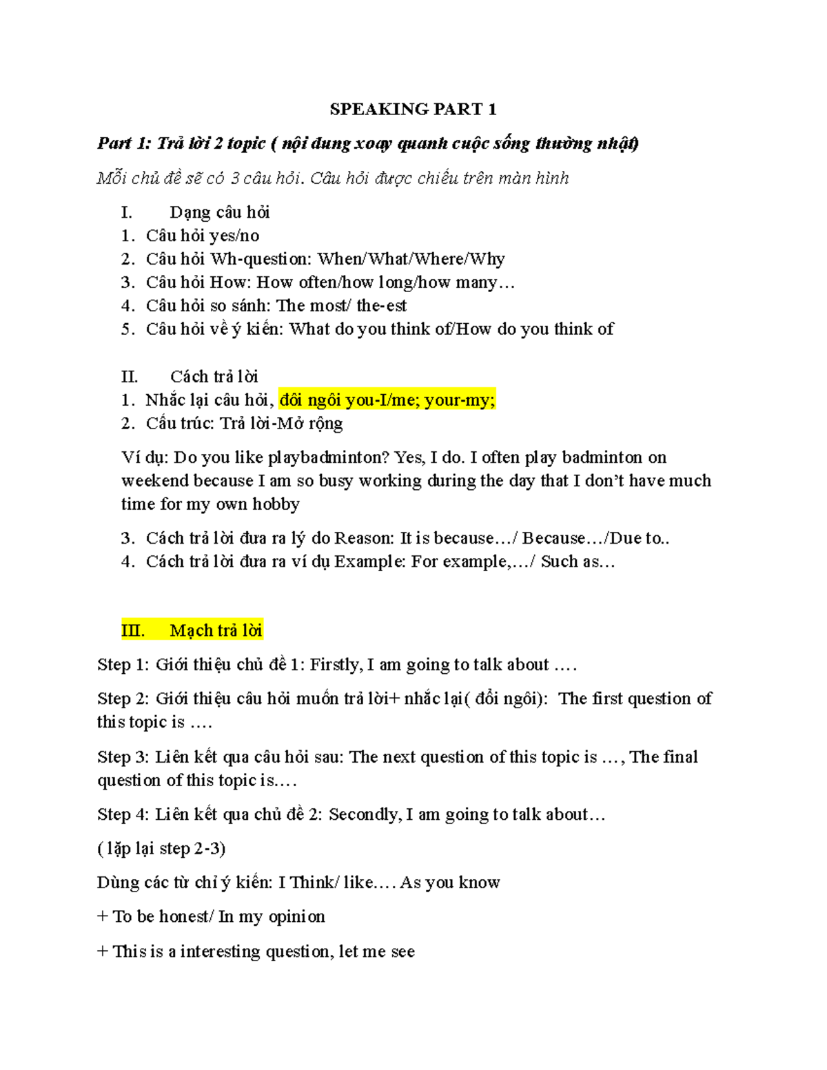 Speaking Part 1 & 2 Guide: Daily Life Topics & Responses - 123456789 ...