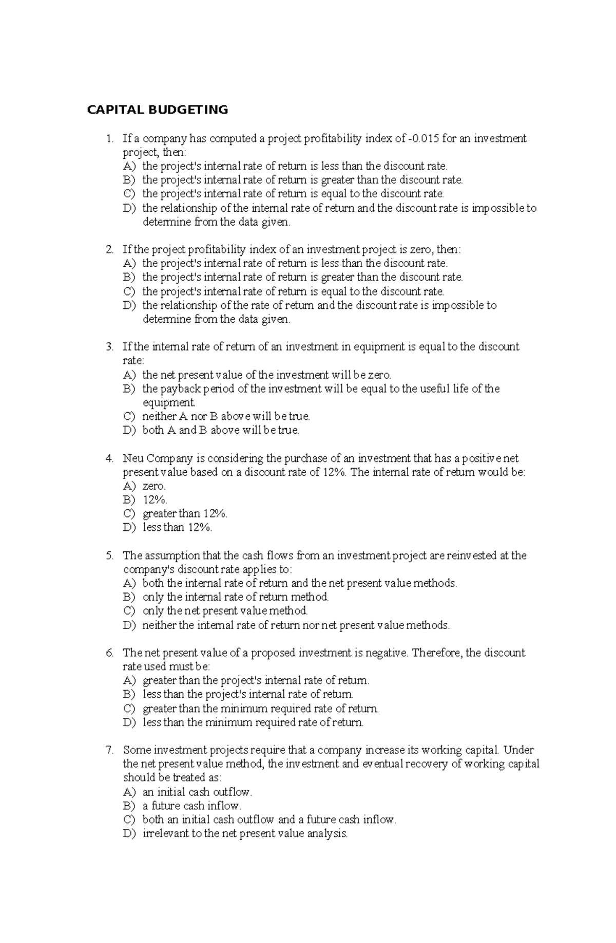 Capital Budgeting Quiz - Test Bank (Cap-Bud-Quiz) - Studocu