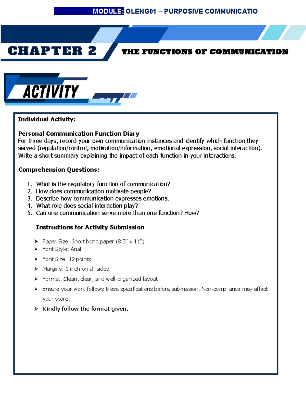 OLENG01: Functions of Communication - Personal Diary Activity - Studocu